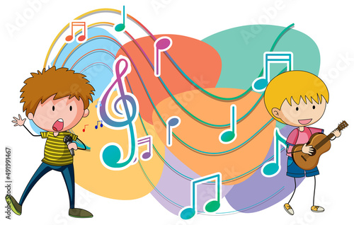 Happy children playing guitar and sing with music notes on white background