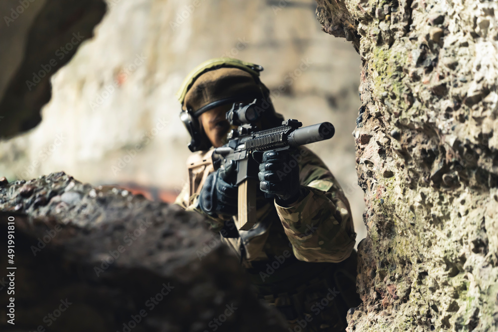 Fototapeta premium Opportunistic lady soldier not missing her chance to fire . High quality photo