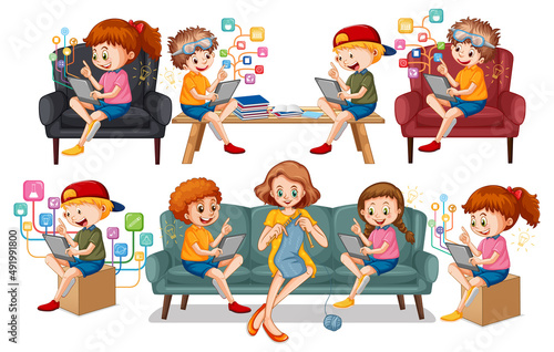 Set of children doing different activities