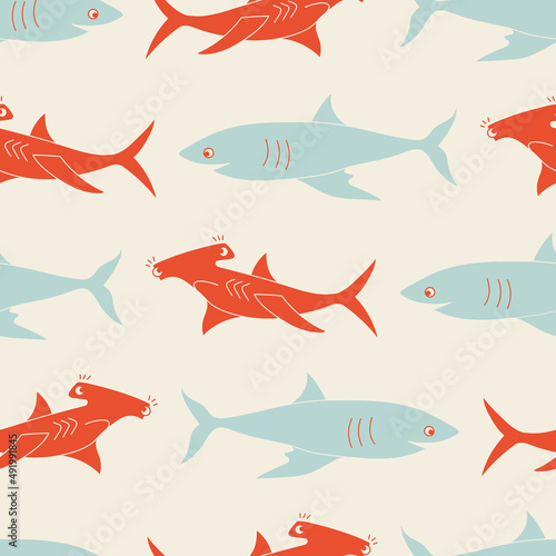 Vector kids seamless pattern design with funny sharks in earth tones. Perfect for ocean themed projects and modern clients. Cute for babies and nursery as well. Matching pattern available.