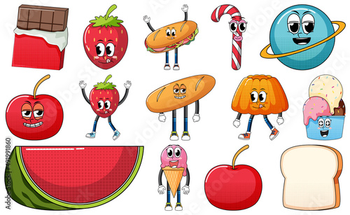 Set of facial expression with vintage style food cartoon on white background