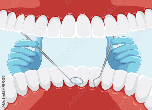 Dentist holding instruments examining patient teeth inside human mouth