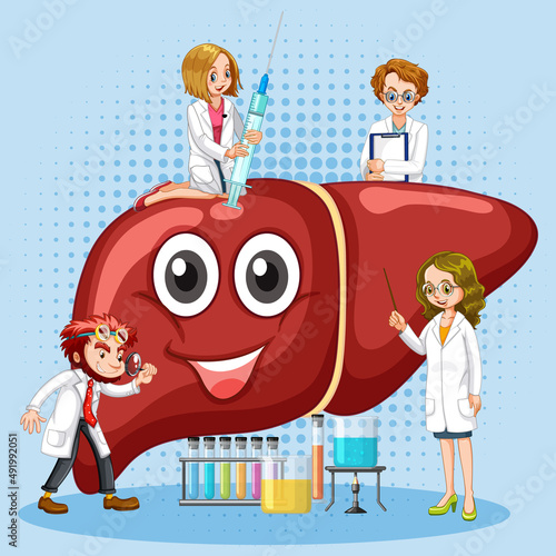 Healthy liver cartoon character with many doctors