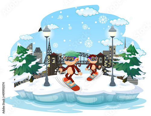 Monkey playing snowboard in the snow at daytime scene