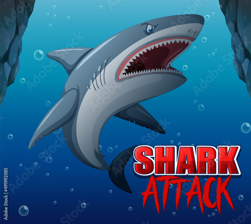 Aggressive shark underwater deep sea background