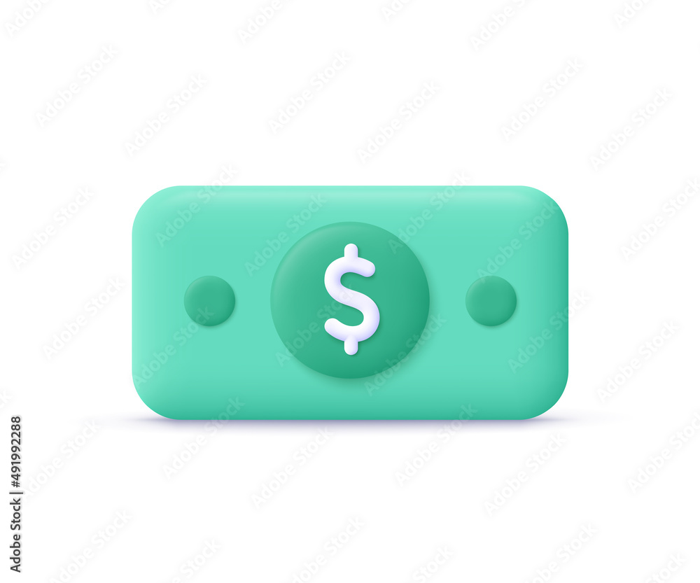 Banknote dollar green cash. Money saving, exchange, finance and budget concept. 3d vector icon. Cartoon minimal style. Banknote dollar green cash. Money saving, exchange, finance and budget concept. 3d vector icon. Cartoon minimal style.