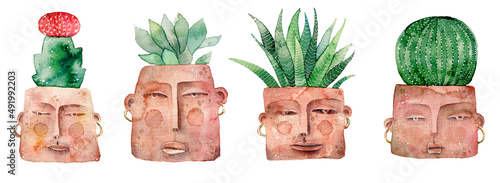 watercolor set with cacti in a pot with terracotta color faces on a white background for creating postcards, packaging, designs, textures