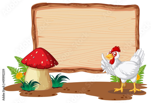 Blank wooden signboard with chicken farm