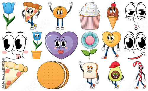 Set of facial expression with vintage style food cartoon on white background