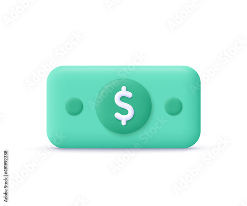 Banknote dollar green cash. Money saving, exchange, finance and budget concept. 3d vector icon. Cartoon minimal style.