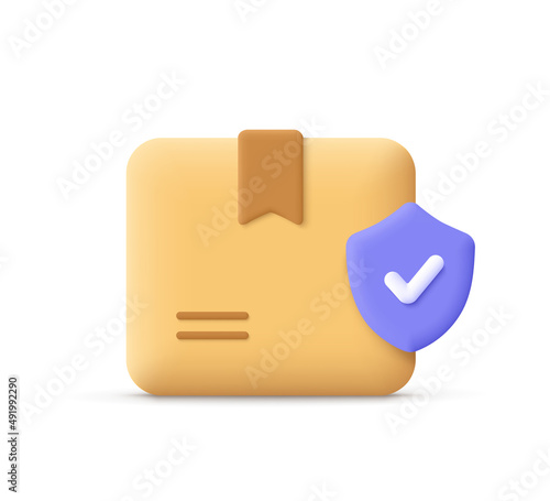 Cardboard box, delivery package, shipping box with shield. Transportation, safe delivery, delivery security and insurance, shipping concept. 3d vector icon. Cartoon minimal style.