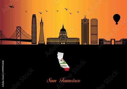 San Francisco city skyline silhouette - illustration, 
Town in Orange background, 
Map of California