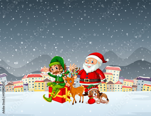 Snowy Christmas night scene with Santa Claus and friends