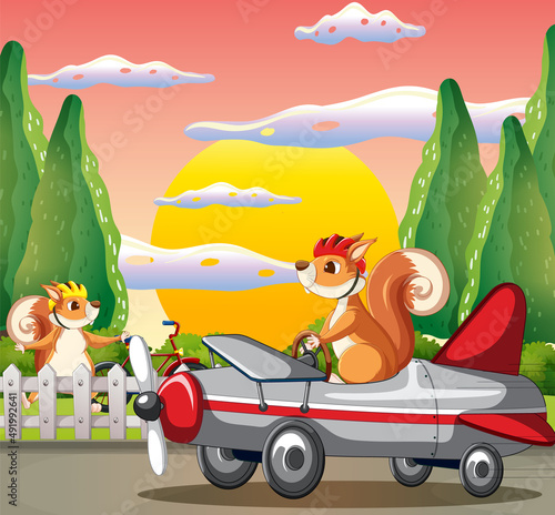 A scene of squirrel fly a plane
