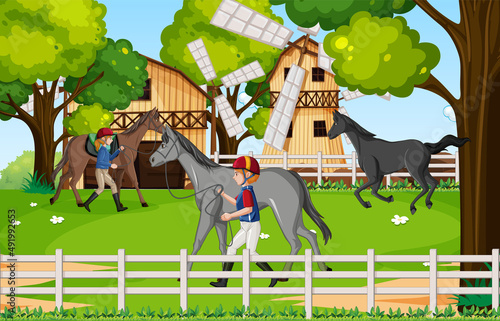 Outdoor scene with equestrian leading horse