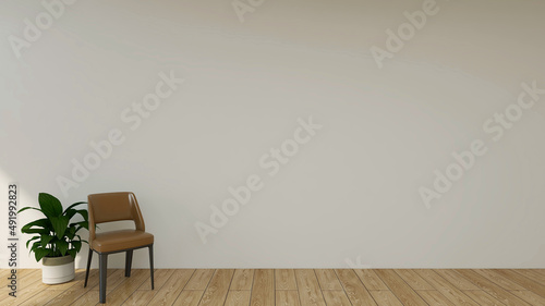 Mockup room with a blank wall, a brown chair, and a plant. 3d rendering. 3d illustration © ArtantiAyu