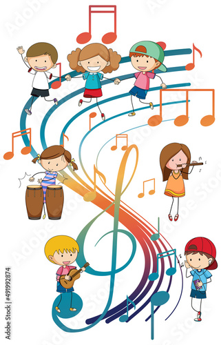Happy children playing musical instruments with music notes on white background
