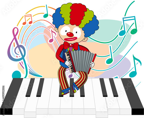 Cute clown playing accordion with music notes on piano