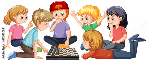 A children playing board game on white background