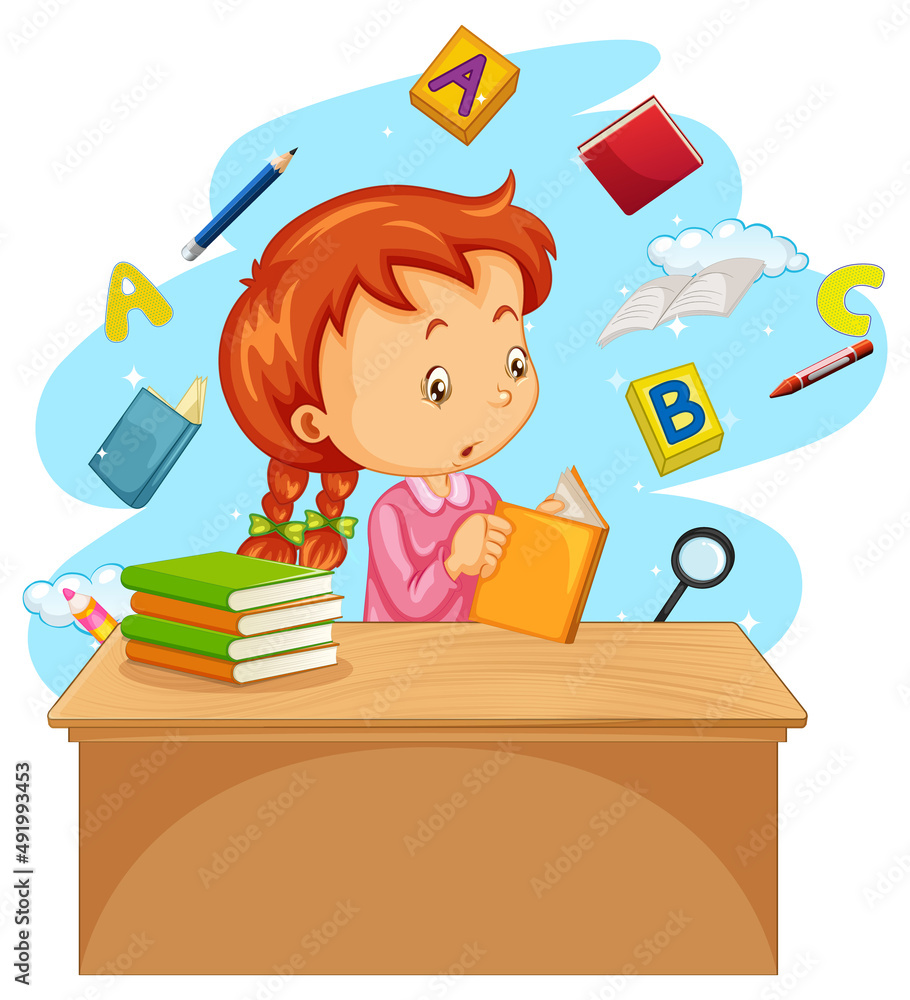 A girl reading books on white background A girl reading books on white background