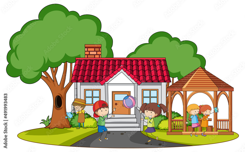 A simple house with kids  in nature background