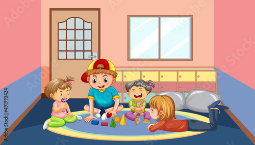 Happy children playing toy in kid room