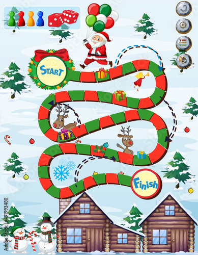 Snake and ladders game template in Christmas theme