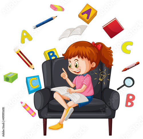 A girl reading books on white background