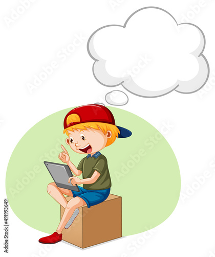 A kid playing iPad with speech bubble
