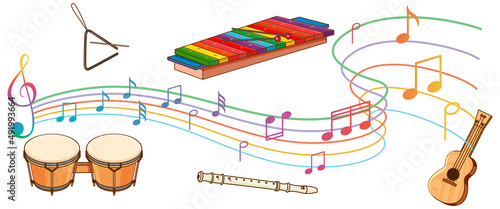 Music instrument with music notes on white background