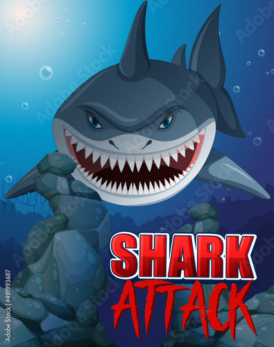 Aggressive shark underwater deep sea background