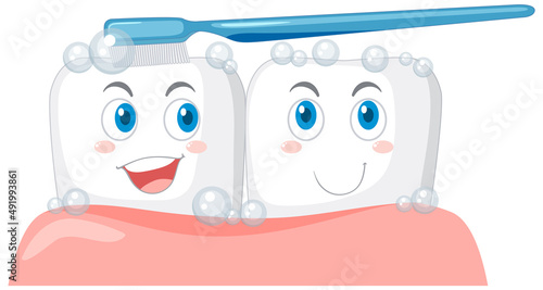 Happy tooth brushing itself with dental cleaning equipment