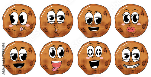 Set of facial expression vintage style cookie cartoon on white background