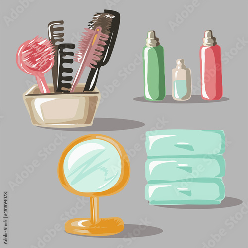 Combs, spray gun, round mirror, chest of drawers with hairpins. Organization of storage of cosmetics, combs, hairpins in the beauty salon and in the apartment.  Hair salon, hair care. Isolated vector.