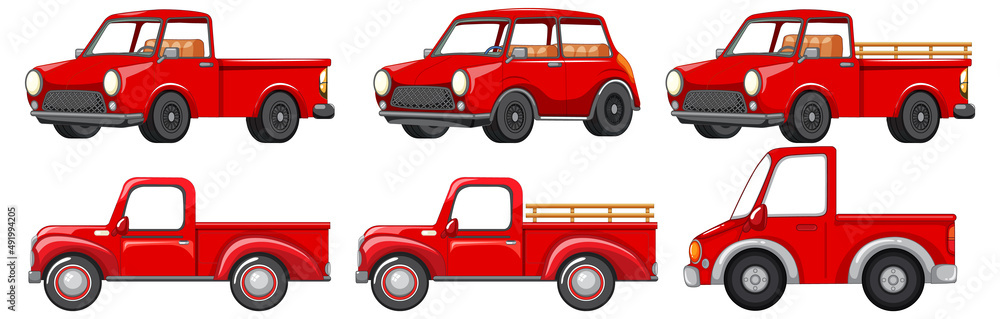 Set of different red cars in cartoon style