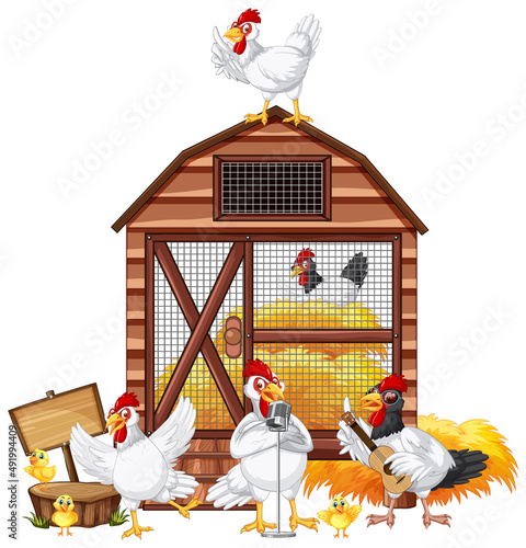 An isolated scene with a group of chickens in cartoon style