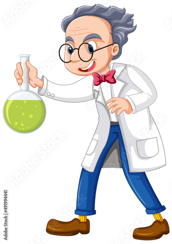 A chemist holding beaker on white background