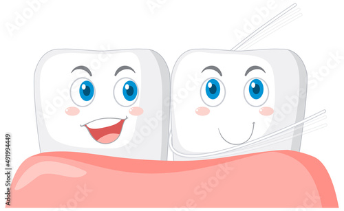 Happy teeth polishes the teeth using dental floss