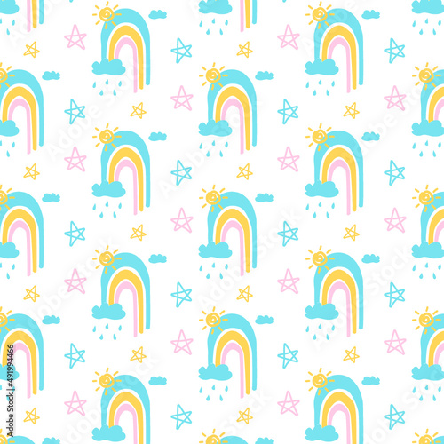 seamless pattern with rainbow and rainy clouds