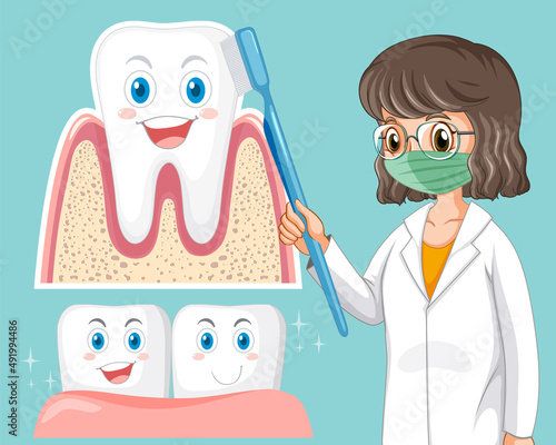 Dentist brushing teeth on light blue background