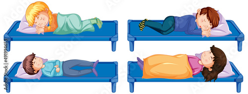 Set of children sleeping in beds