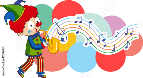 Clown blowing saxophone with music notes on white background