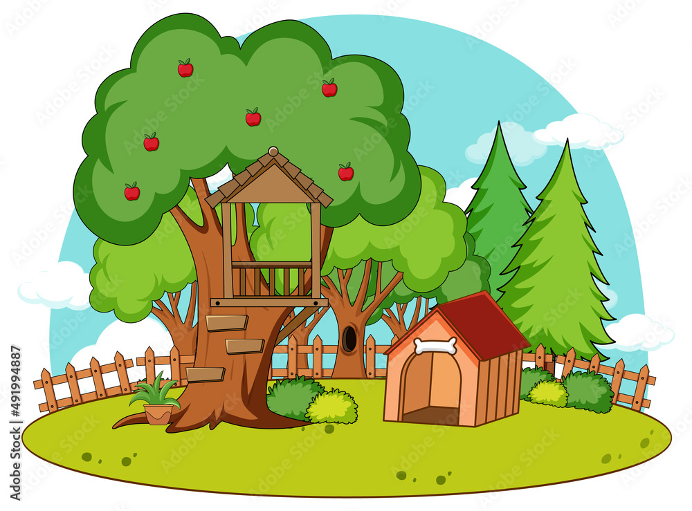 Fototapeta premium A simple tree house and doghouse in nature background