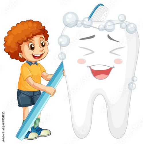 Happy kid brushing a big tooth with a toothbrush on white background