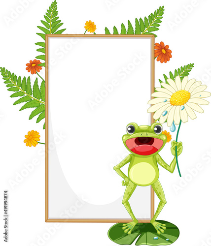 Blank wooden signboard with frog in cartoon style