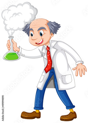 A chemist holding beaker on white background