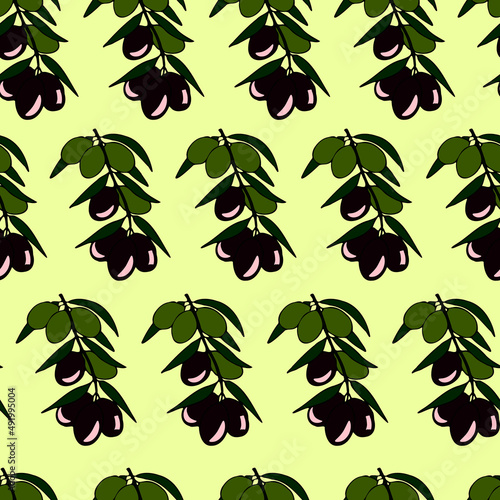 Olive seamless pattern, black and green olives on a branch