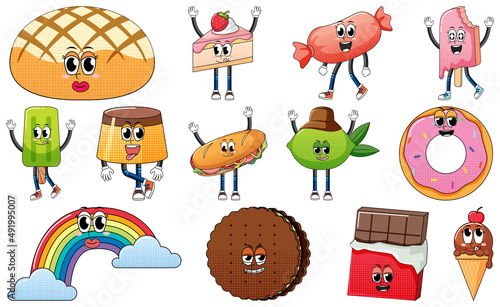 Set of facial expression with vintage style food cartoon on white background