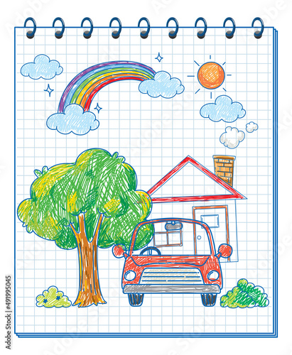 A notebook with a doodle sketch design with colour at the cover page