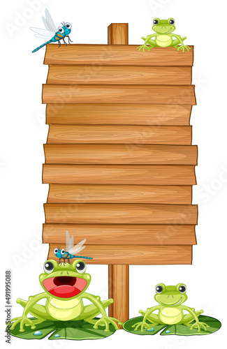 Blank wooden signboard with frogs